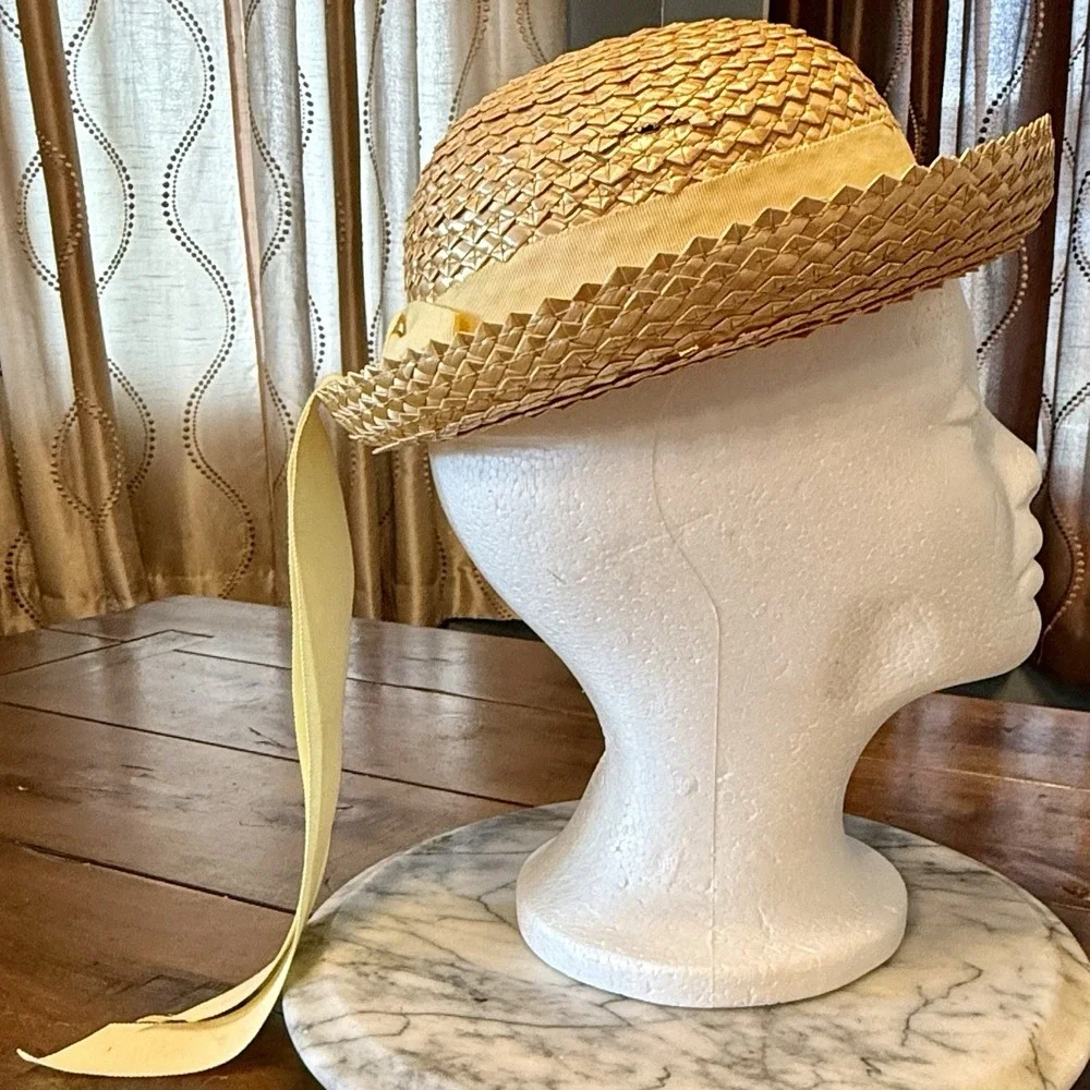 VTG 60s MCM Child Straw Hat Yellow Ribbon Floral Flower Girl